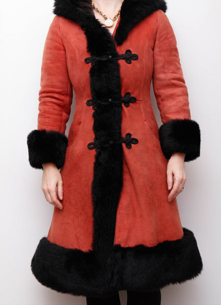 Vintage Sheepskin Suede Coat – Red Suede with Black Fur Trim