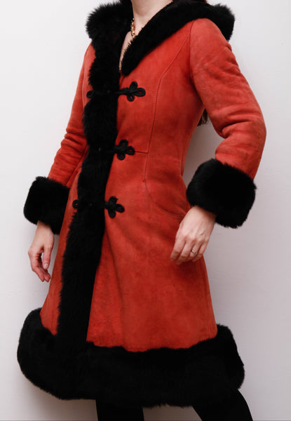 Vintage Sheepskin Suede Coat – Red Suede with Black Fur Trim