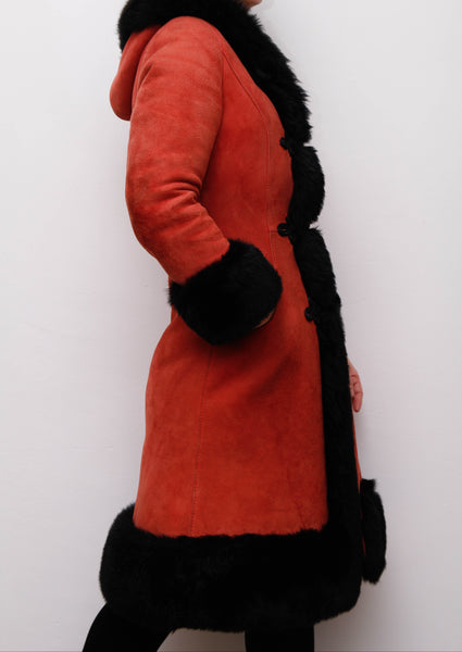 Vintage Sheepskin Suede Coat – Red Suede with Black Fur Trim