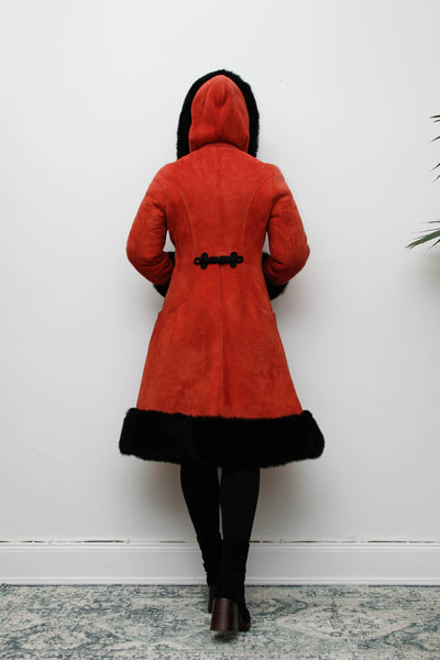 Vintage Sheepskin Suede Coat – Red Suede with Black Fur Trim