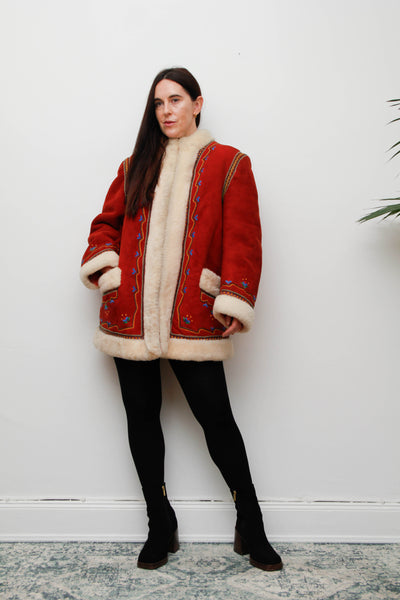 Vintage Polish Folklore Sheepskin Coat – Red Suede & Cream Trim