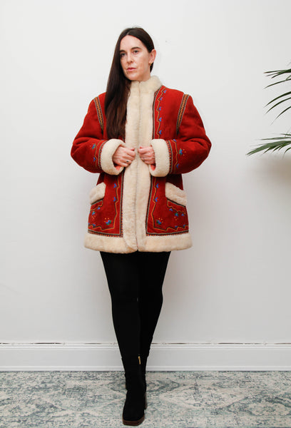 Vintage Polish Folklore Sheepskin Coat – Red Suede & Cream Trim