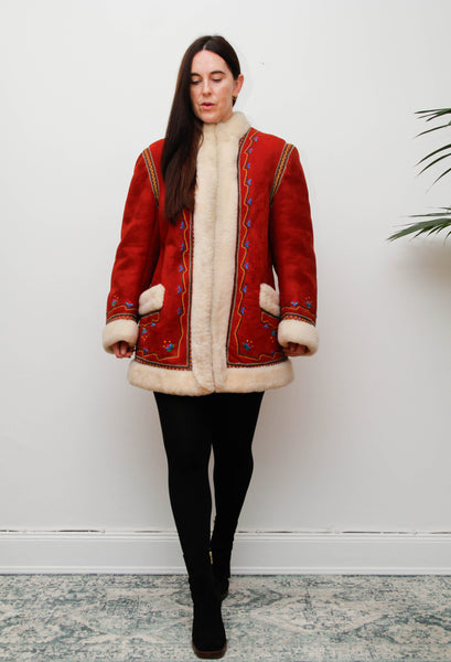 Vintage Polish Folklore Sheepskin Coat – Red Suede & Cream Trim