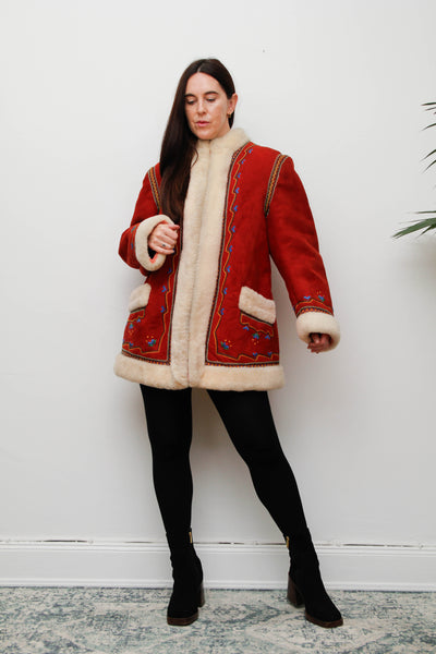 Vintage Polish Folklore Sheepskin Coat – Red Suede & Cream Trim