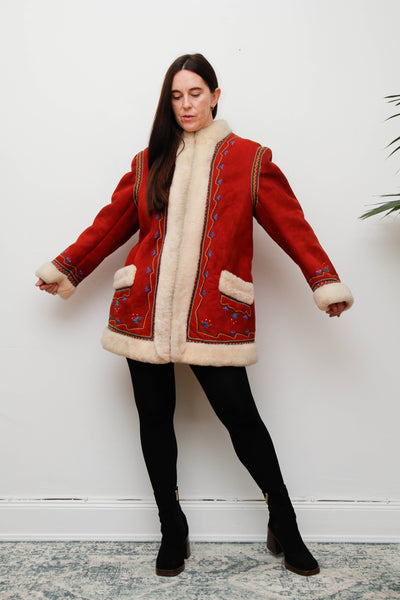 Vintage Polish Folklore Sheepskin Coat – Red Suede & Cream Trim