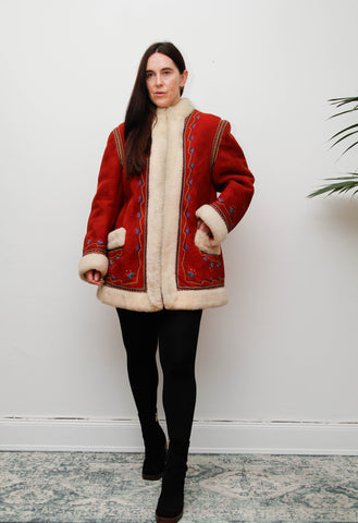 Vintage Polish Folklore Sheepskin Coat – Red Suede & Cream Trim
