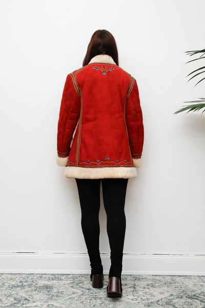 Vintage Polish Folklore Sheepskin Coat – Red Suede & Cream Trim