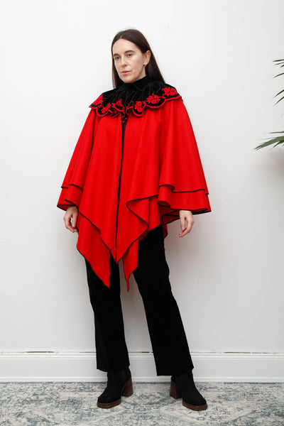 Vintage Crimson Red Wool Velvet Cape – Gothic Bohemian Statement