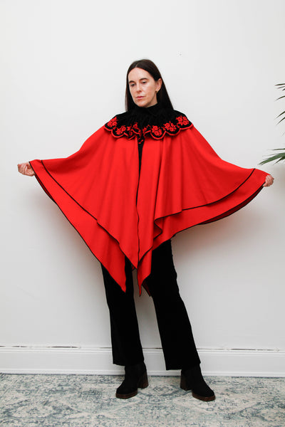 Vintage Crimson Red Wool Velvet Cape – Gothic Bohemian Statement