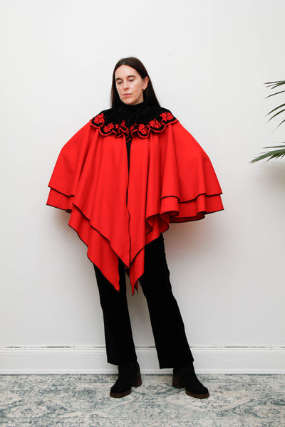 Vintage Crimson Red Wool Velvet Cape – Gothic Bohemian Statement