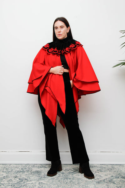 Vintage Crimson Red Wool Velvet Cape – Gothic Bohemian Statement