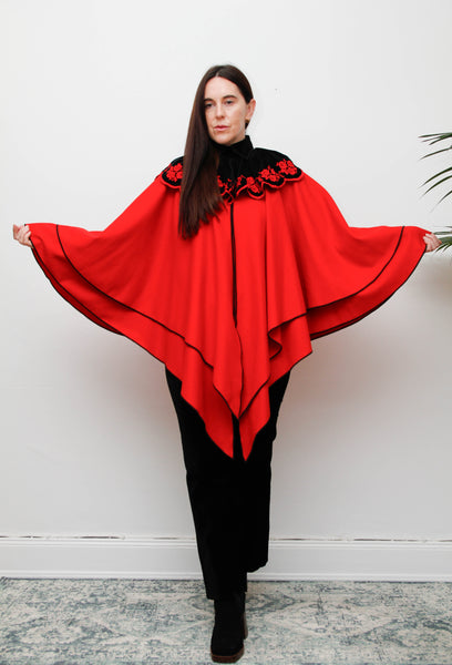 Vintage Crimson Red Wool Velvet Cape – Gothic Bohemian Statement