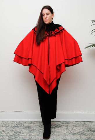Vintage Crimson Red Wool Velvet Cape – Gothic Bohemian Statement