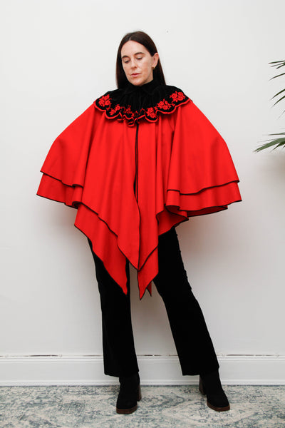 Vintage Crimson Red Wool Velvet Cape – Gothic Bohemian Statement