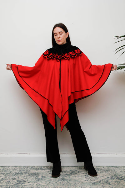 Vintage Crimson Red Wool Velvet Cape – Gothic Bohemian Statement
