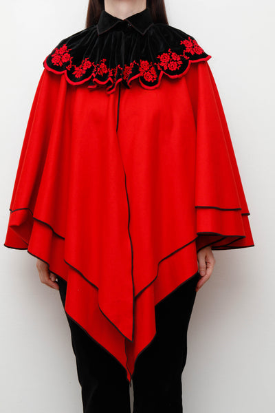 Vintage Crimson Red Wool Velvet Cape – Gothic Bohemian Statement