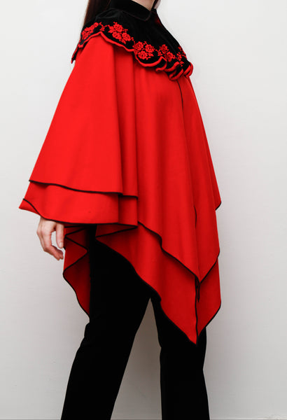 Vintage Crimson Red Wool Velvet Cape – Gothic Bohemian Statement