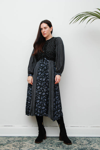 Vintage 1970s Floral Cotton Dress – Bohemian Navy & Purple