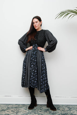 Vintage 1970s Floral Cotton Dress – Bohemian Navy & Purple