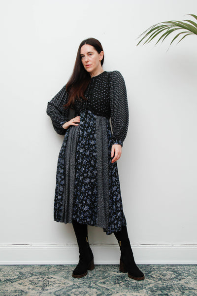 Vintage 1970s Floral Cotton Dress – Bohemian Navy & Purple