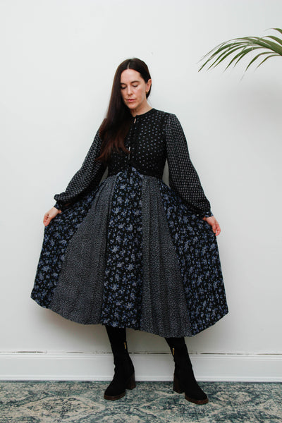 Vintage 1970s Floral Cotton Dress – Bohemian Navy & Purple
