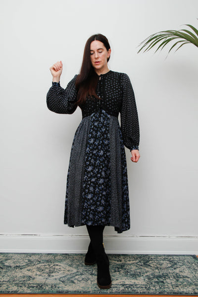 Vintage 1970s Floral Cotton Dress – Bohemian Navy & Purple