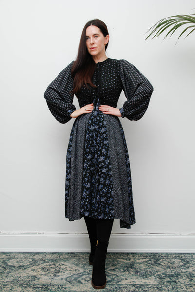 Vintage 1970s Floral Cotton Dress – Bohemian Navy & Purple