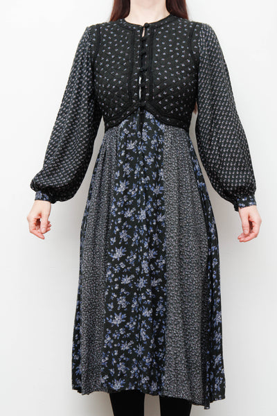 Vintage 1970s Floral Cotton Dress – Bohemian Navy & Purple