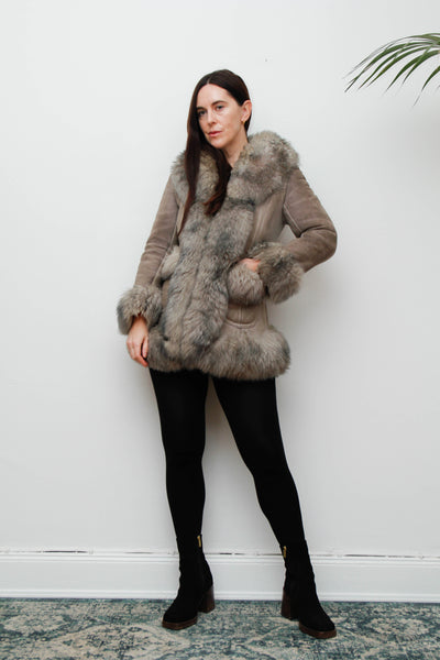 Vintage 1970s Penny Lane Grey Suede Coat with Sheepskin Trim