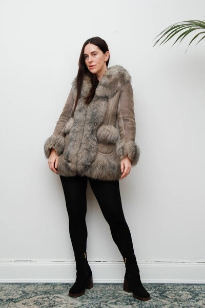 Vintage 1970s Penny Lane Grey Suede Coat with Sheepskin Trim
