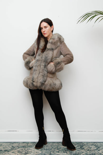 Vintage 1970s Penny Lane Grey Suede Coat with Sheepskin Trim