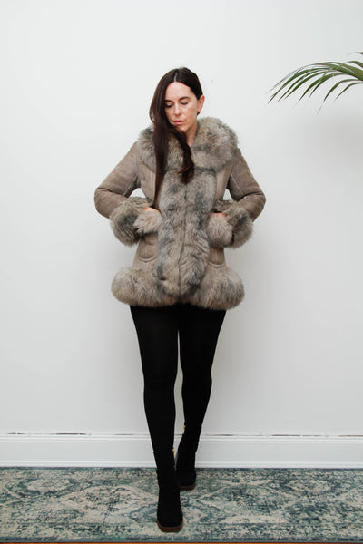 Vintage 1970s Penny Lane Grey Suede Coat with Sheepskin Trim