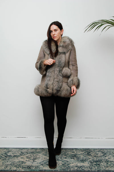 Vintage 1970s Penny Lane Grey Suede Coat with Sheepskin Trim
