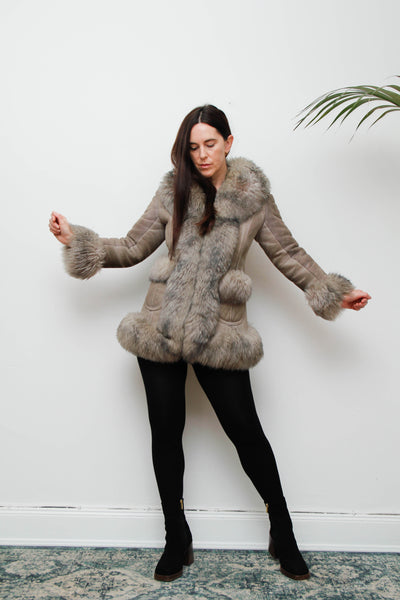 Vintage 1970s Penny Lane Grey Suede Coat with Sheepskin Trim