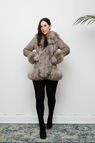 Vintage 1970s Penny Lane Grey Suede Coat with Sheepskin Trim
