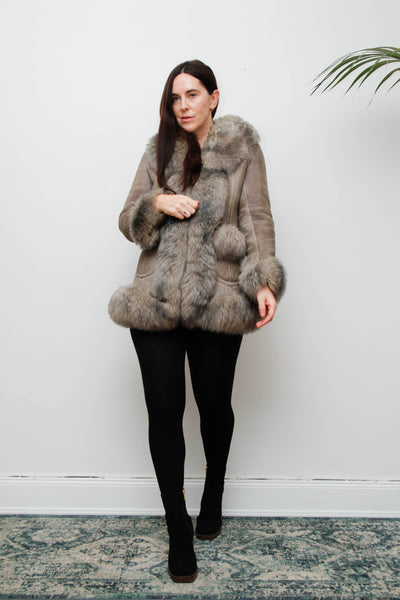 Vintage 1970s Penny Lane Grey Suede Coat with Sheepskin Trim