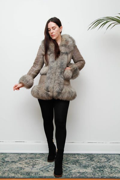 Vintage 1970s Penny Lane Grey Suede Coat with Sheepskin Trim