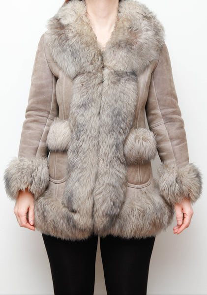 Vintage 1970s Penny Lane Grey Suede Coat with Sheepskin Trim