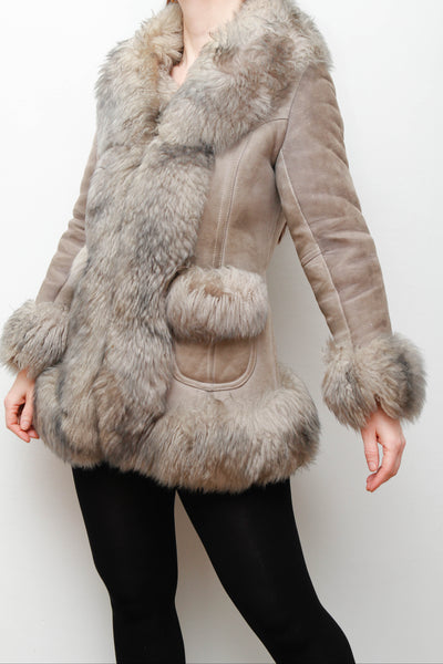 Vintage 1970s Penny Lane Grey Suede Coat with Sheepskin Trim