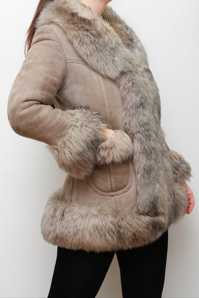 Vintage 1970s Penny Lane Grey Suede Coat with Sheepskin Trim