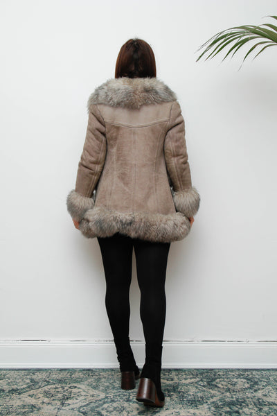 Vintage 1970s Penny Lane Grey Suede Coat with Sheepskin Trim