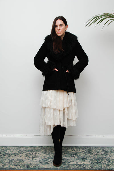Vintage 70s Penny Lane Sheepskin Coat – Gothic Black Suede