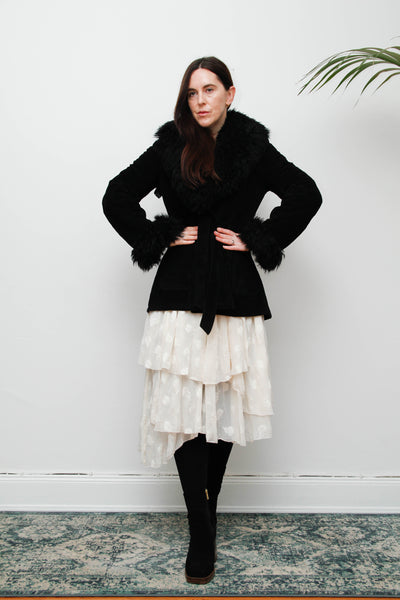Vintage 70s Penny Lane Sheepskin Coat – Gothic Black Suede