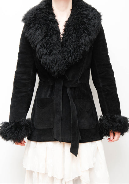Vintage 70s Penny Lane Sheepskin Coat – Gothic Black Suede