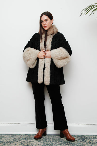 Vintage Gothic Persian Swakara Broadtail & Silver Fox Fur Coat – Black