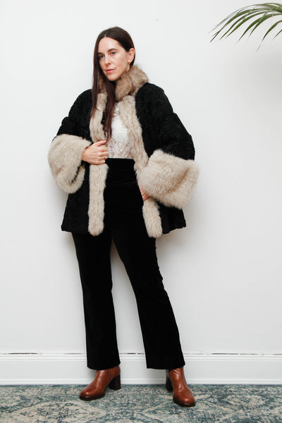 Vintage Gothic Persian Swakara Broadtail & Silver Fox Fur Coat – Black