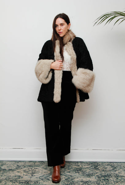 Vintage Gothic Persian Swakara Broadtail & Silver Fox Fur Coat – Black
