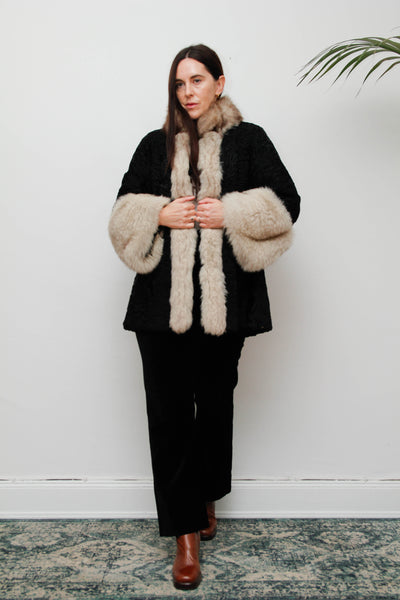 Vintage Gothic Persian Swakara Broadtail & Silver Fox Fur Coat – Black