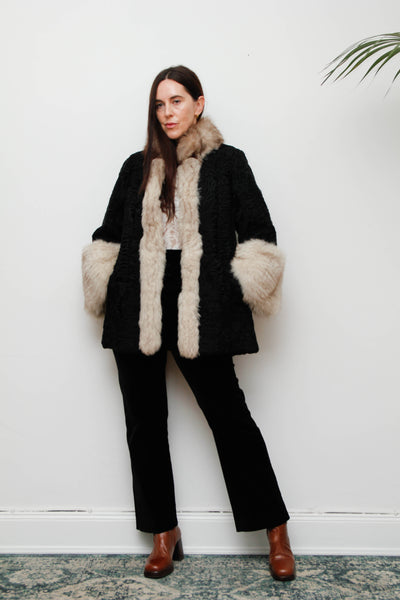Vintage Gothic Persian Swakara Broadtail & Silver Fox Fur Coat – Black