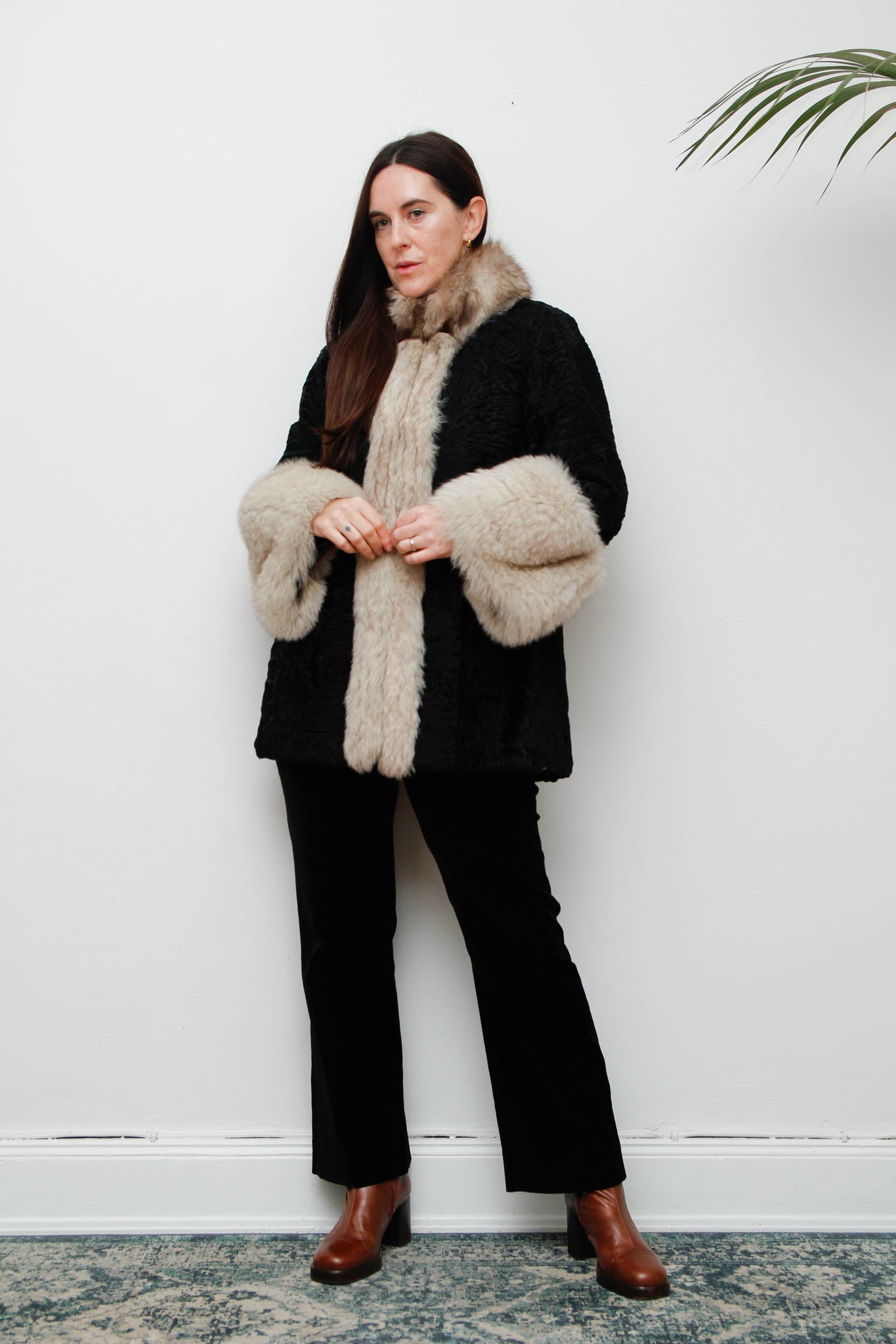 Vintage Gothic Persian Swakara Broadtail & Silver Fox Fur Coat – Black